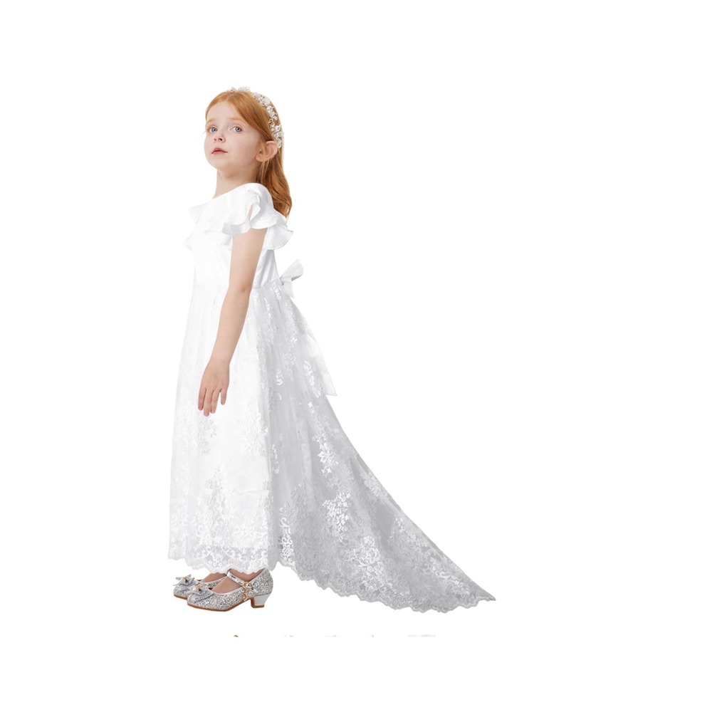 New Lace Flower Girl Dress Kids SZ 150 8-9 White High-Low Train Costume wedding